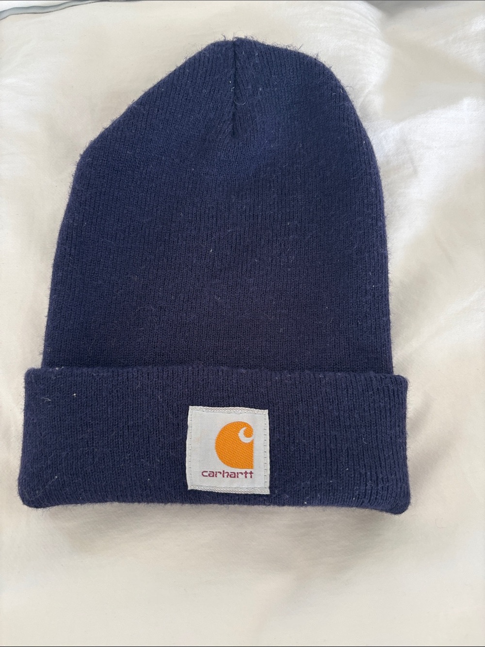 Carhartt Navy Beanie with Orange Logo Patch